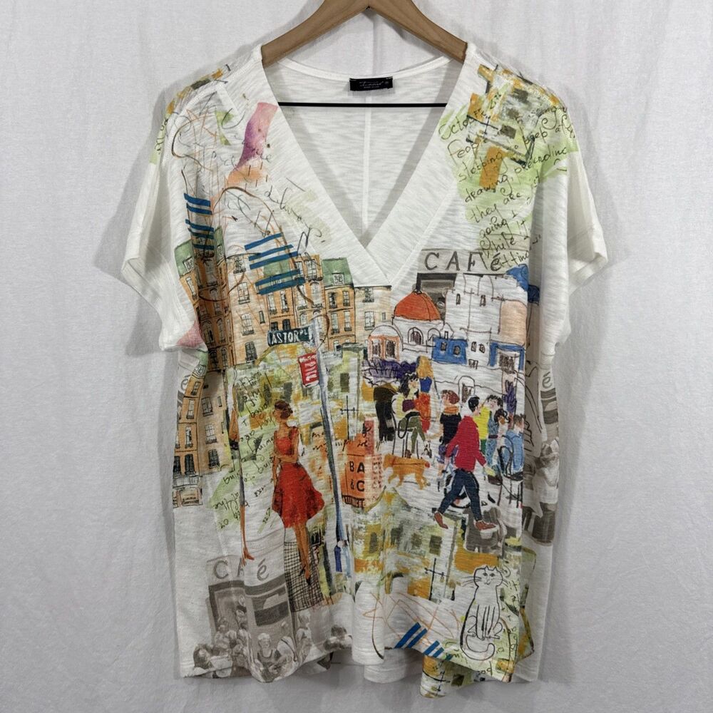 Inoah Artsy Euro City Print Short Sleeve Knit Top Womens Sz M Art To Wear Beach